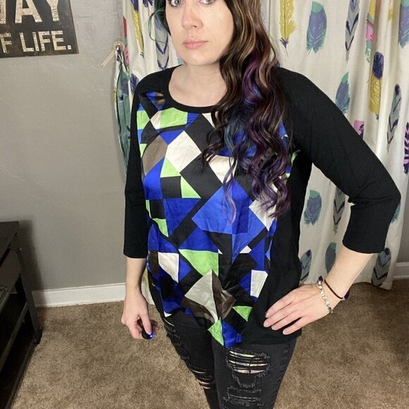 Alfani blue/green geometric mixed media 3/4 sleeve sweater. size medium - Picture 3 of 10